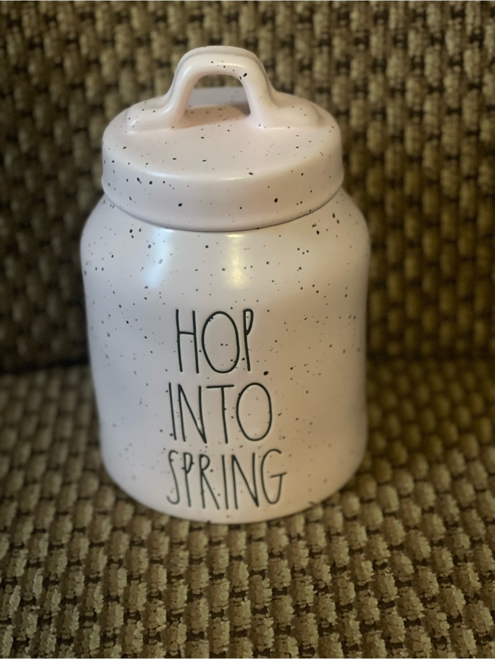 Rae Dunn White Speckled "Hop Into Spring" Canister